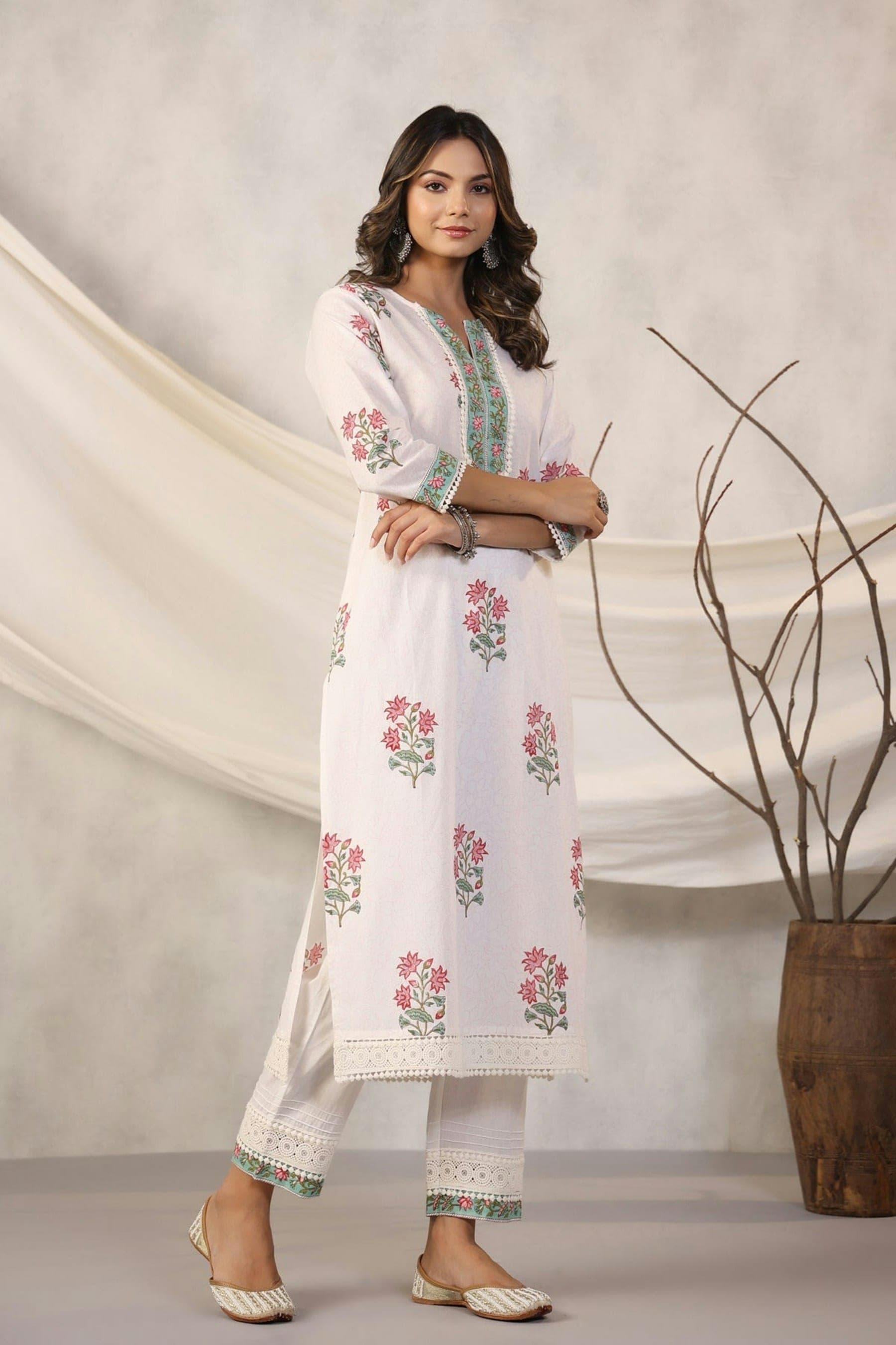 Woman in an ivory block-printed kurta set