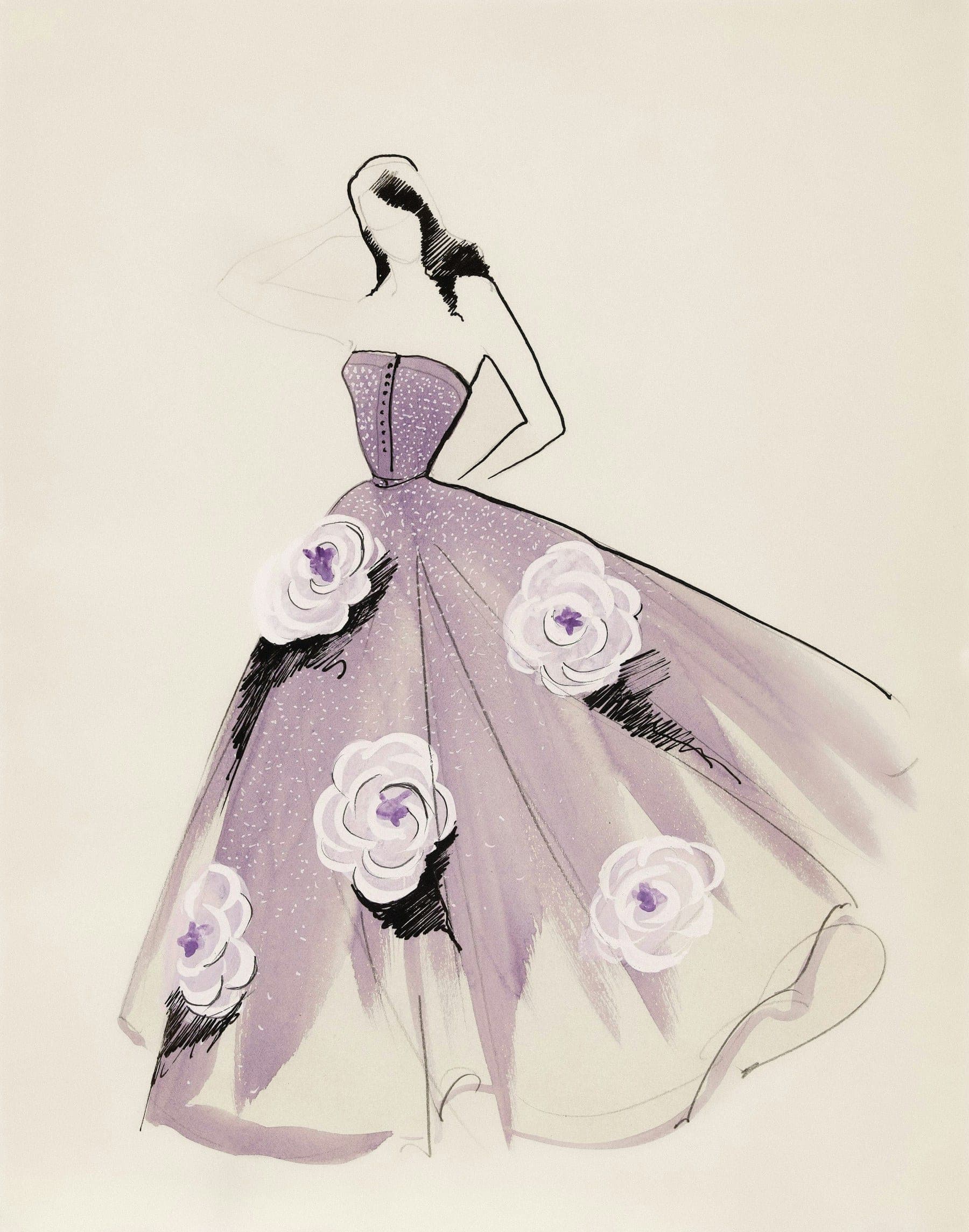 Watercolour fashion sketch of a lilac ball gown